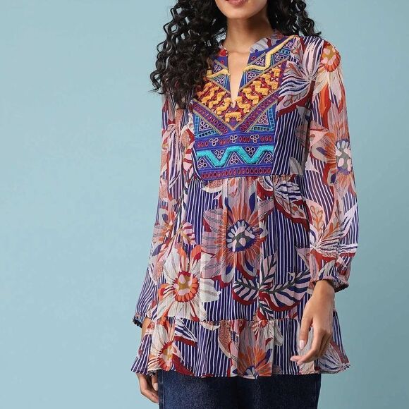 Soft Surrounding Sheer Floral Long Sleeve Baby Doll Tunic Top - Picture 13 of 13
